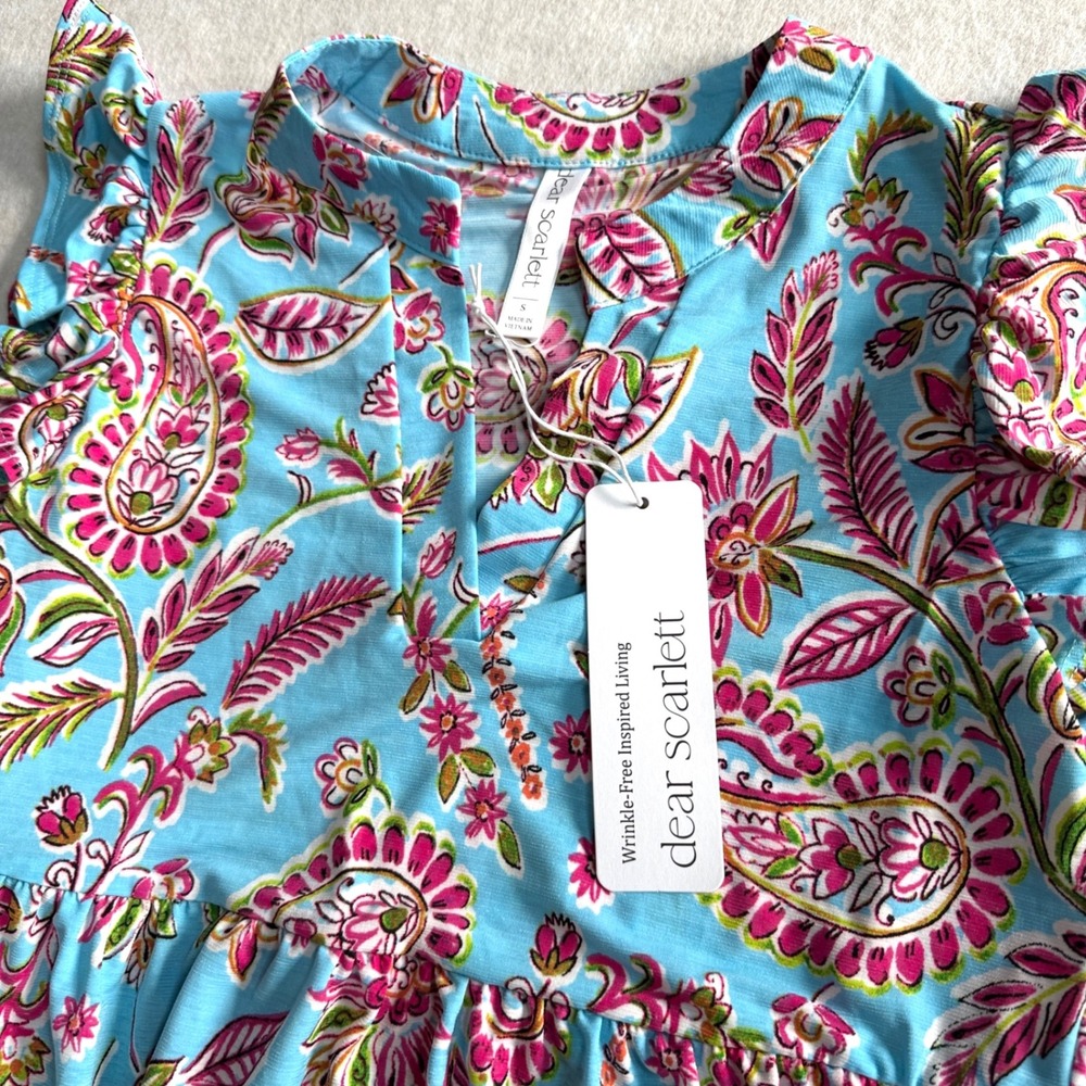 Dear Scarlett Lizzy Forever Flutter Sleeve Dress Small Blue/Pink Paisley NWT - Picture 3 of 8